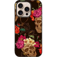 iPhone 16 Pro Case Hülle - Silikon schwarz Skulls and flowers