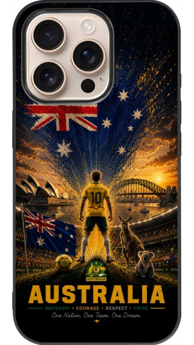 Coque iPhone 16 Pro - Silicone rigide noir Football Australie splash 2026