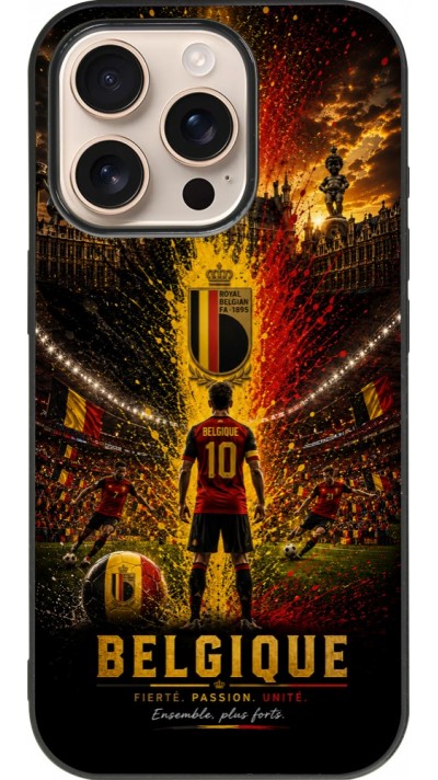 Coque iPhone 16 Pro - Silicone rigide noir Football Belgique splash 2026