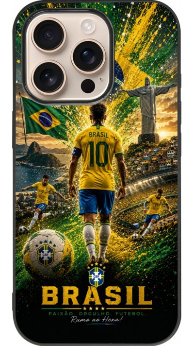 Coque iPhone 16 Pro - Silicone rigide noir Football Bre?sil splash 2026