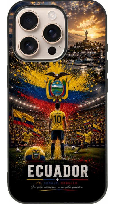 Coque iPhone 16 Pro - Silicone rigide noir Football Équateur splash 2026