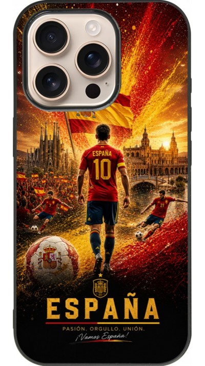Coque iPhone 16 Pro - Silicone rigide noir Football Espagne splash 2026