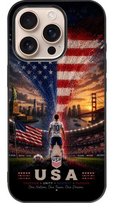 Coque iPhone 16 Pro - Silicone rigide noir Football États-Unis splash 2026