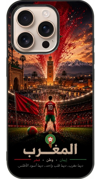 Coque iPhone 16 Pro - Silicone rigide noir Football Maroc splash 2026