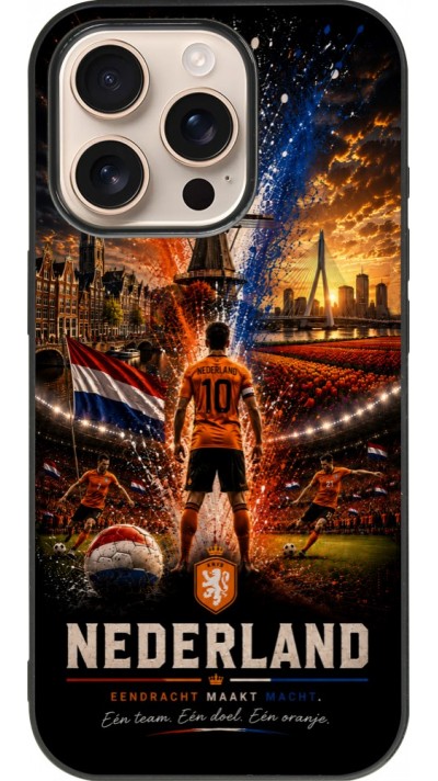 Coque iPhone 16 Pro - Silicone rigide noir Football Pays-Bas splash 2026
