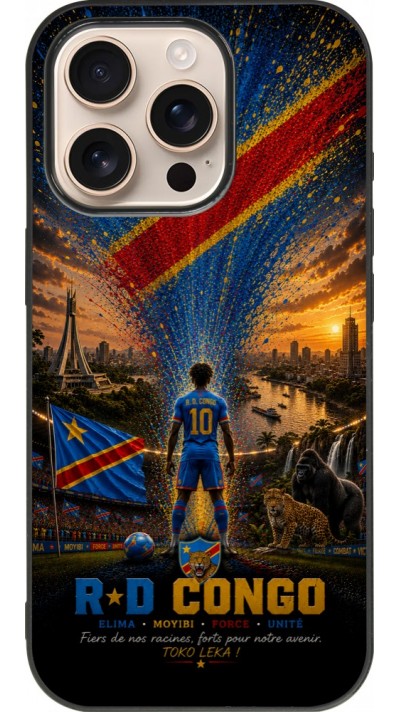 Coque iPhone 16 Pro - Silicone rigide noir Football République démocratique du Congo splash 2026