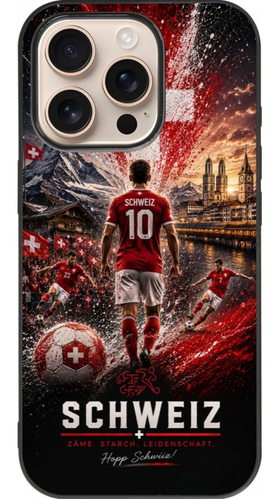Coque iPhone 16 Pro - Silicone rigide noir Football Schweiz splash 2026
