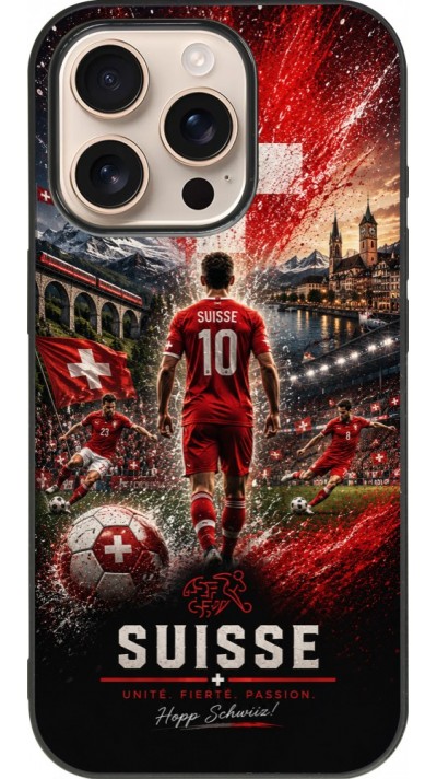Coque iPhone 16 Pro - Silicone rigide noir Football Suisse splash 2026
