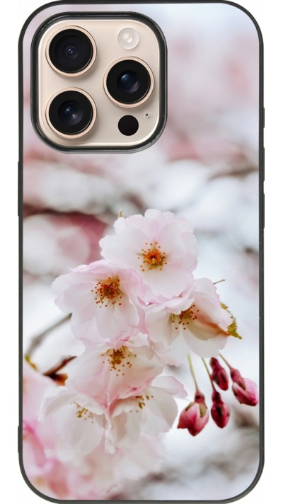 Coque iPhone 16 Pro - Silicone rigide noir Cherry tree 2026