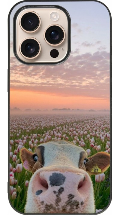 Coque iPhone 16 Pro - Silicone rigide noir Cow with tulips 2026