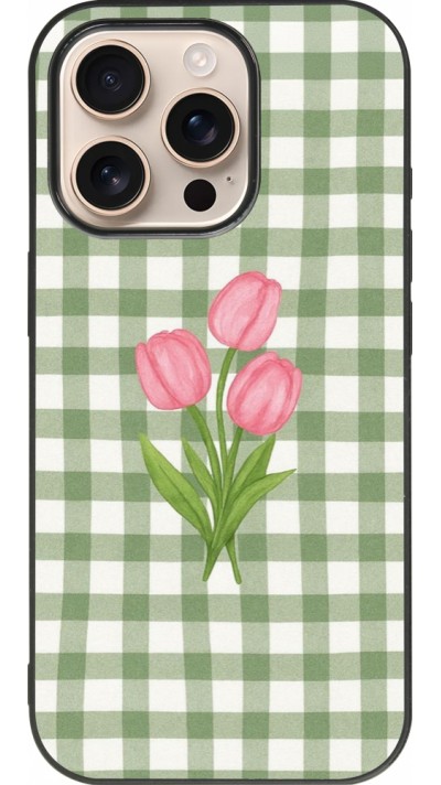 Coque iPhone 16 Pro - Silicone rigide noir Green vichy tulips 2026