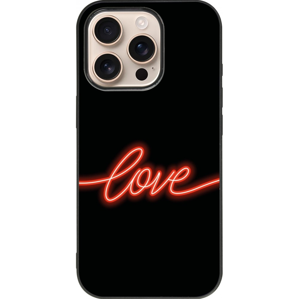 Coque iPhone 16 Pro - Silicone rigide noir Valentine 2023 neon love