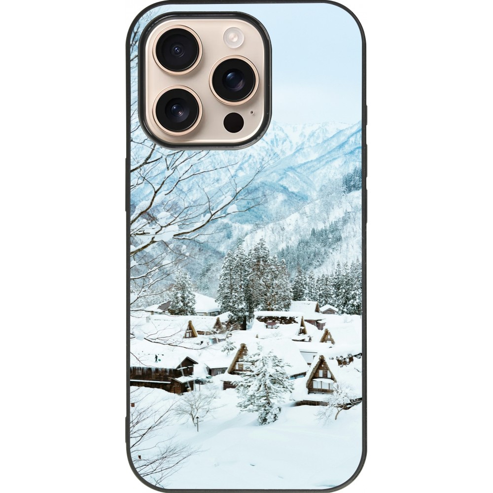 Coque iPhone 16 Pro - Silicone rigide noir Winter 25 Winter snowy landscape
