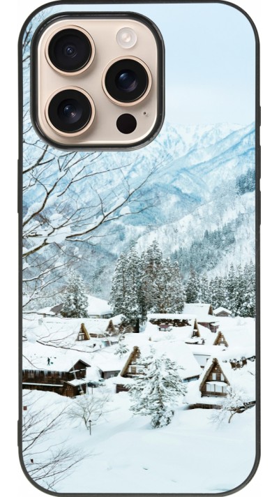 Coque iPhone 16 Pro - Silicone rigide noir Winter 25 Winter snowy landscape