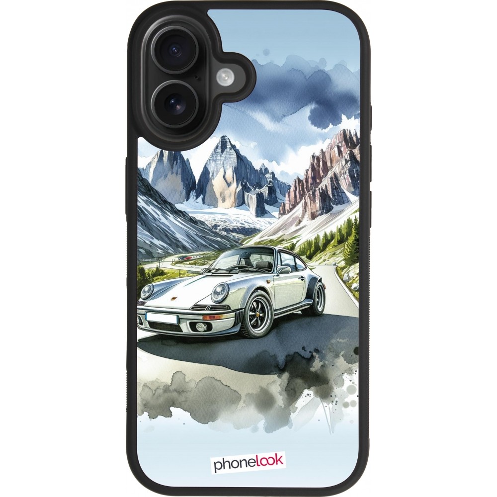 Coque iPhone 17 - Silicone rigide noir Porsche 911 Mountain Watercolor