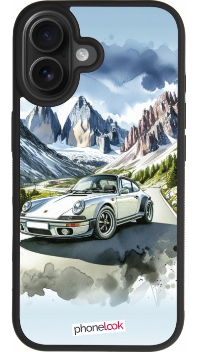 Coque iPhone 17 - Silicone rigide noir Porsche 911 Mountain Watercolor