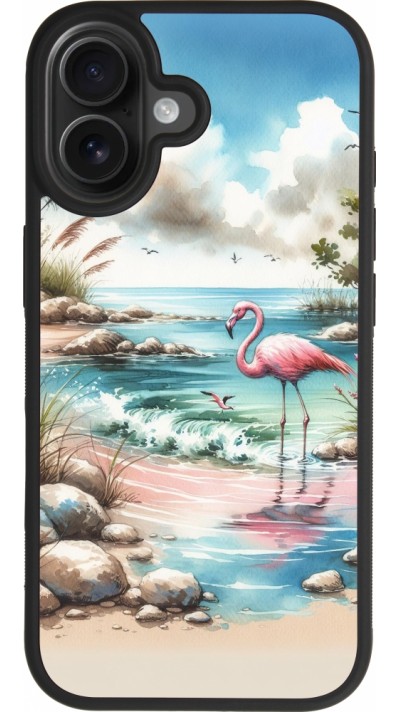 Coque iPhone 17 - Silicone rigide noir Flamant rose aquarelle