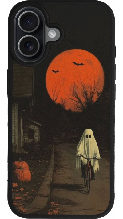 Coque iPhone 17 - Silicone rigide noir Halloween 2025 Ghost on a bicycle