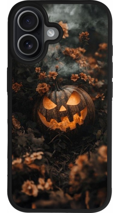Coque iPhone 17 - Silicone rigide noir Halloween 2025 Pumpkin with flowers