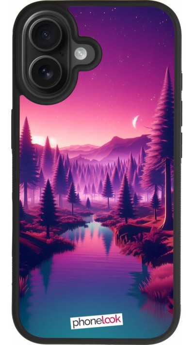 Coque iPhone 17 - Silicone rigide noir Paysage Violet-Rose