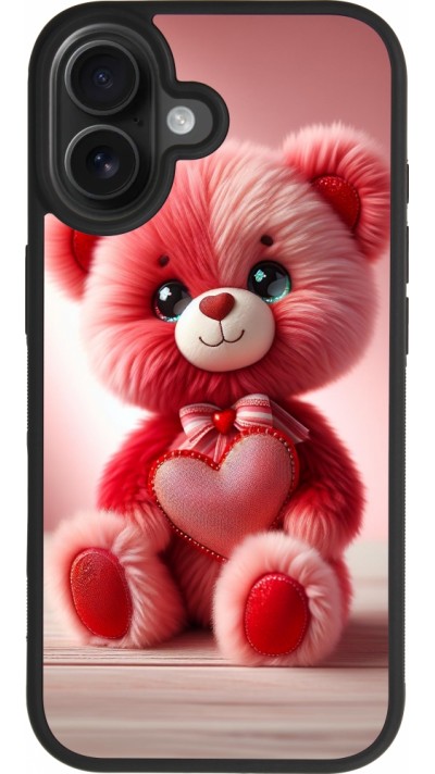 Coque iPhone 17 - Silicone rigide noir Valentine 2024 Ourson rose