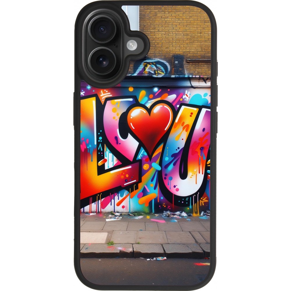 Coque iPhone 17 - Silicone rigide noir Valentine 2025 Love U Tag
