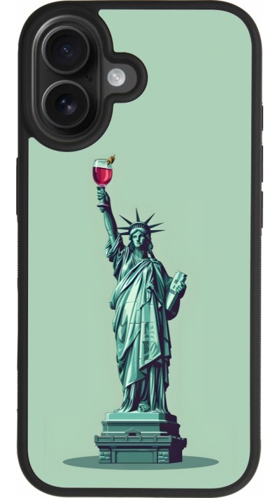 Coque iPhone 17 - Silicone rigide noir Wine Statue de la liberté avec un verre de vin