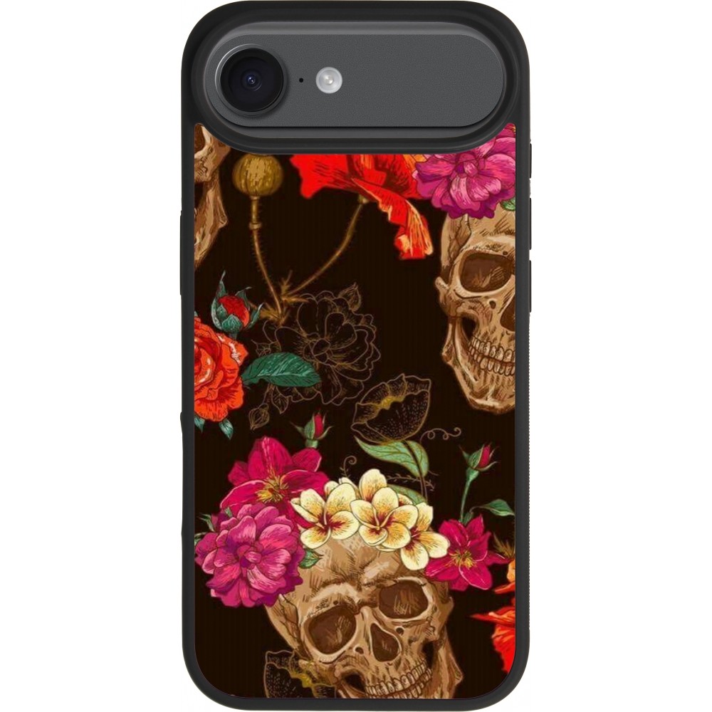 Coque iPhone Air - Silicone rigide noir Skulls and flowers