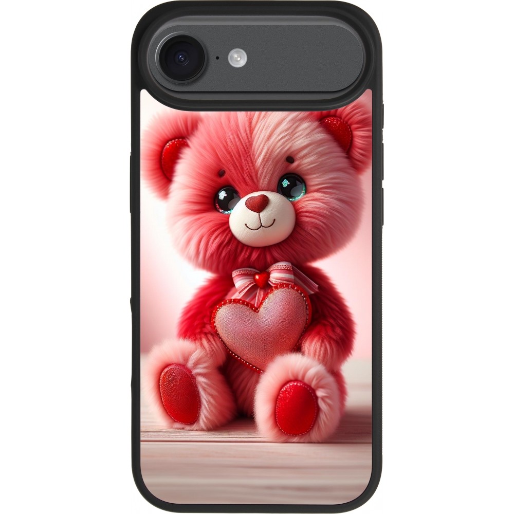 Coque iPhone Air - Silicone rigide noir Valentine 2024 Ourson rose