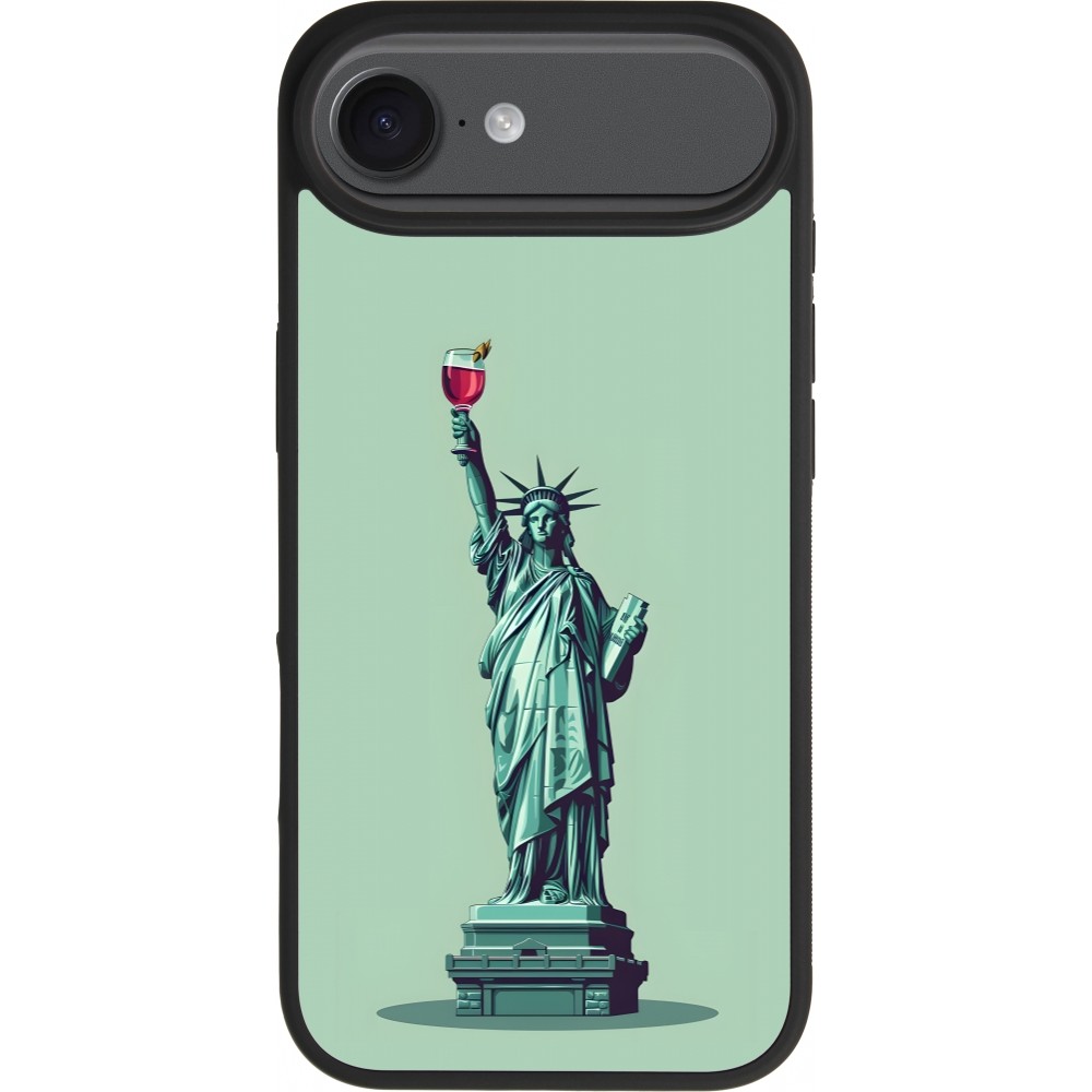 Coque iPhone Air - Silicone rigide noir Wine Statue de la liberté avec un verre de vin