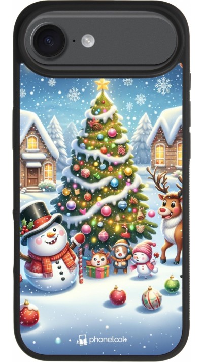Coque iPhone Air - Silicone rigide noir Noël 2023 bonhomme de neige et sapin