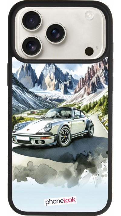 Coque iPhone 17 Pro Max - Silicone rigide noir Porsche 911 Mountain Watercolor