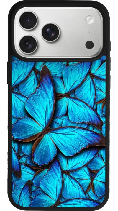Coque iPhone 17 Pro Max - Silicone rigide noir Papillon bleu
