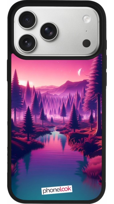 Coque iPhone 17 Pro Max - Silicone rigide noir Paysage Violet-Rose