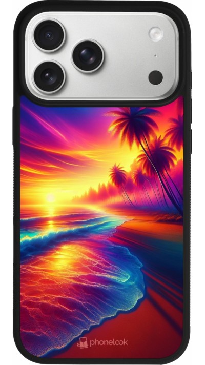 Coque iPhone 17 Pro Max - Silicone rigide noir Plage coucher soleil flashy