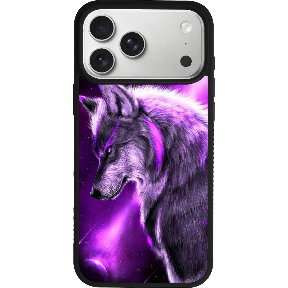 Coque iPhone 17 Pro Max - Silicone rigide noir Purple Sky Wolf