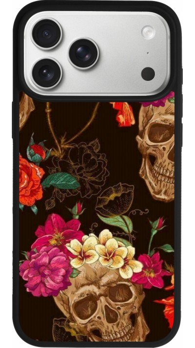 Coque iPhone 17 Pro Max - Silicone rigide noir Skulls and flowers