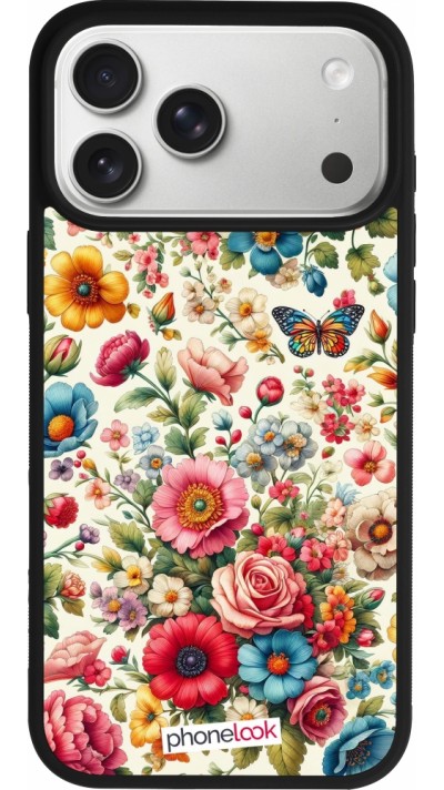 Coque iPhone 17 Pro Max - Silicone rigide noir Spring 25 printemps fleuri