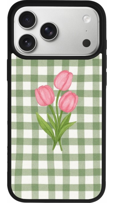 Coque iPhone 17 Pro Max - Silicone rigide noir Green vichy tulips Spring 2026