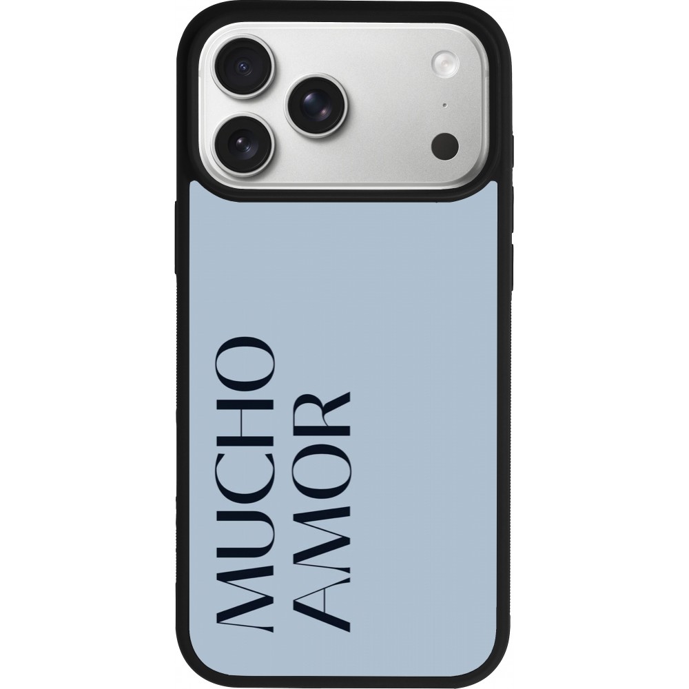 Coque iPhone 17 Pro Max - Silicone rigide noir Valentine 2024 mucho amor azul