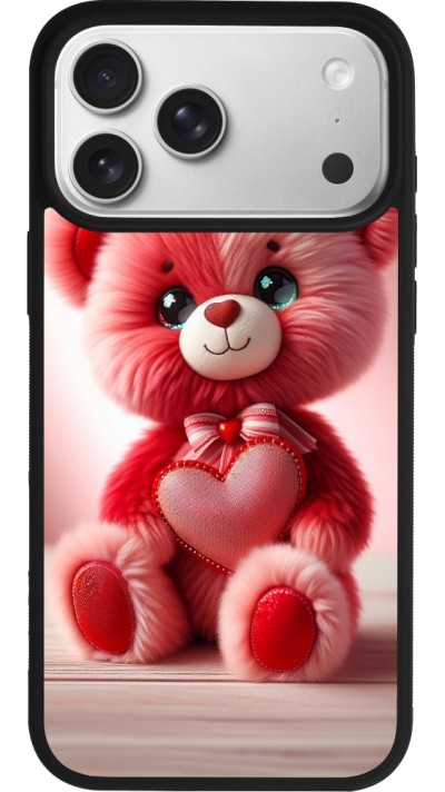 Coque iPhone 17 Pro Max - Silicone rigide noir Valentine 2024 Ourson rose