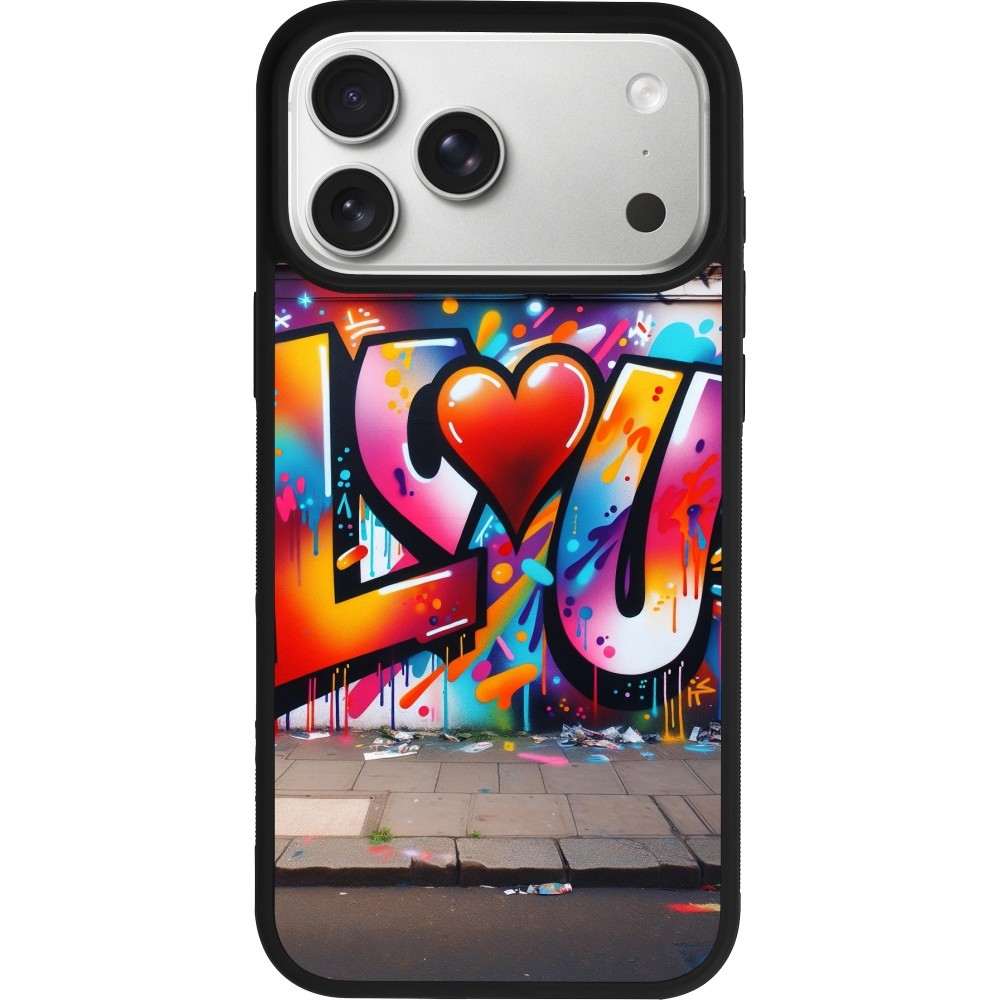 Coque iPhone 17 Pro Max - Silicone rigide noir Valentine 2025 Love U Tag