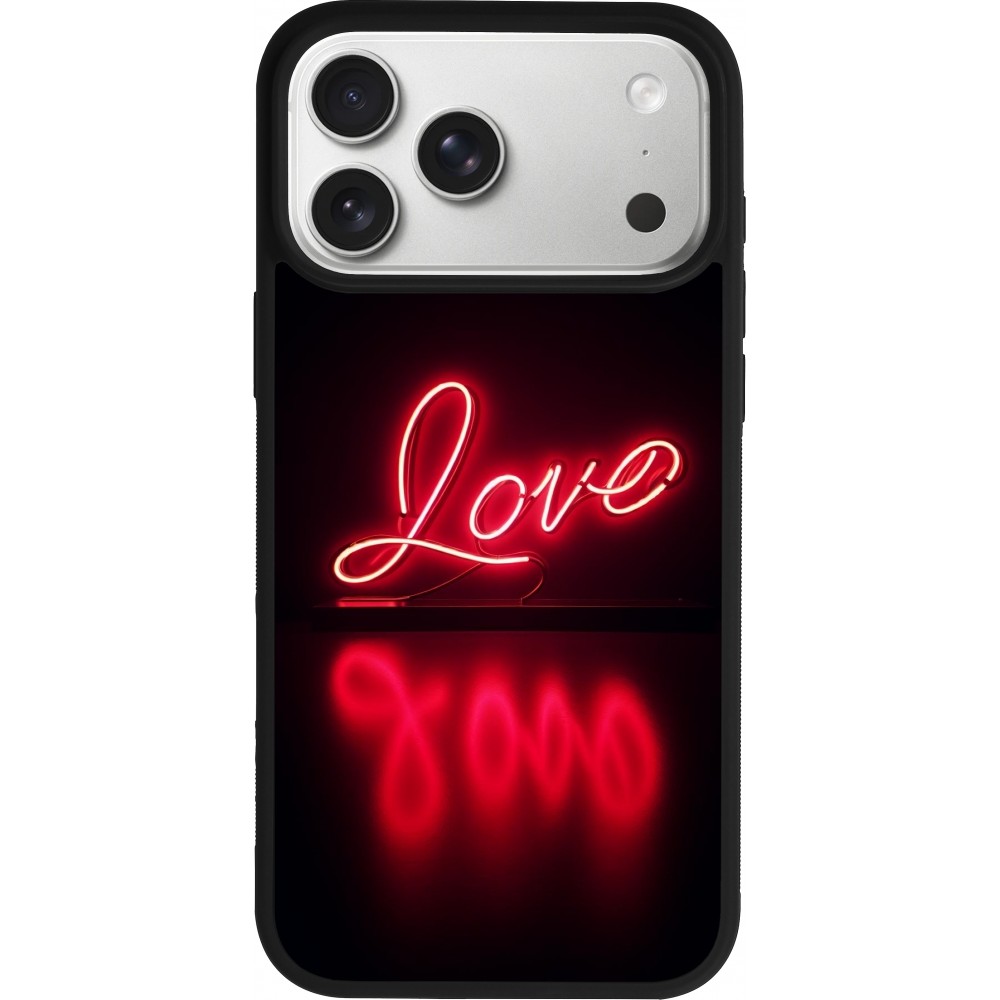 Coque iPhone 17 Pro Max - Silicone rigide noir Valentine 2025 Neon Love