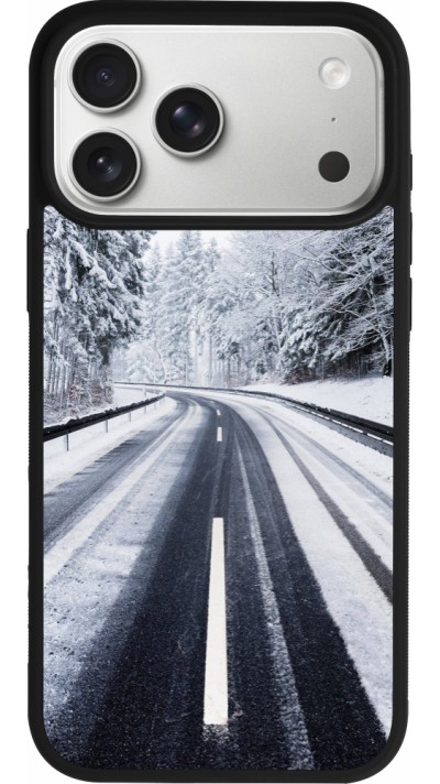Coque iPhone 17 Pro Max - Silicone rigide noir Winter 22 Snowy Road