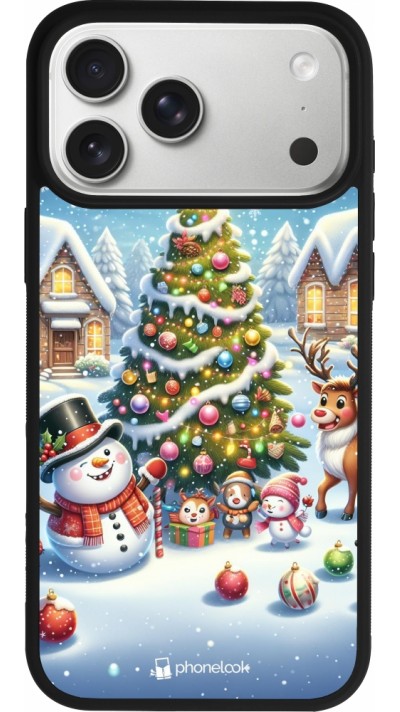 Coque iPhone 17 Pro Max - Silicone rigide noir Noël 2023 bonhomme de neige et sapin
