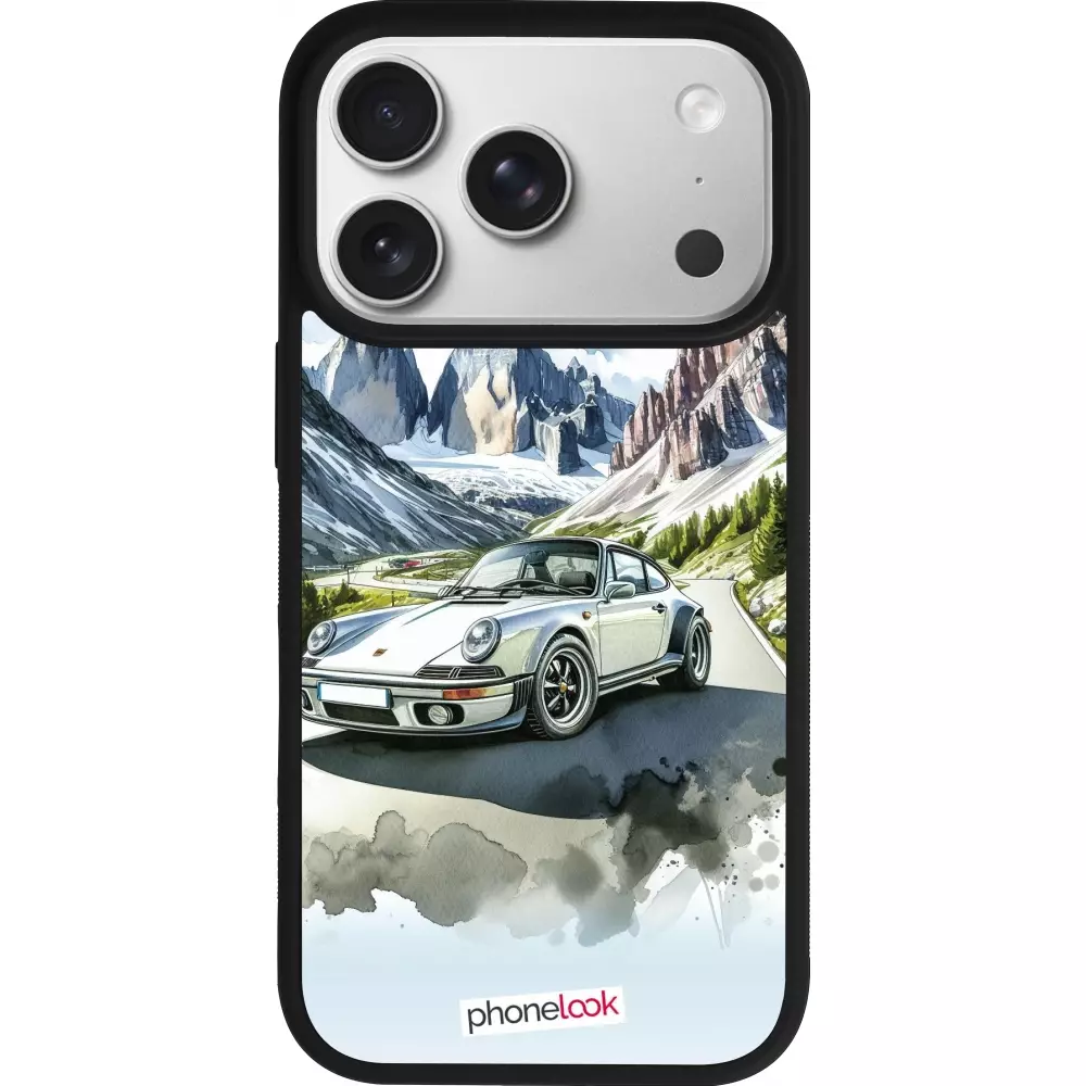 Coque iPhone 17 Pro - Silicone rigide noir Porsche 911 Mountain Watercolor
