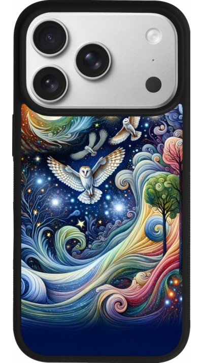 Coque iPhone 17 Pro - Silicone rigide noir hibou volant floral