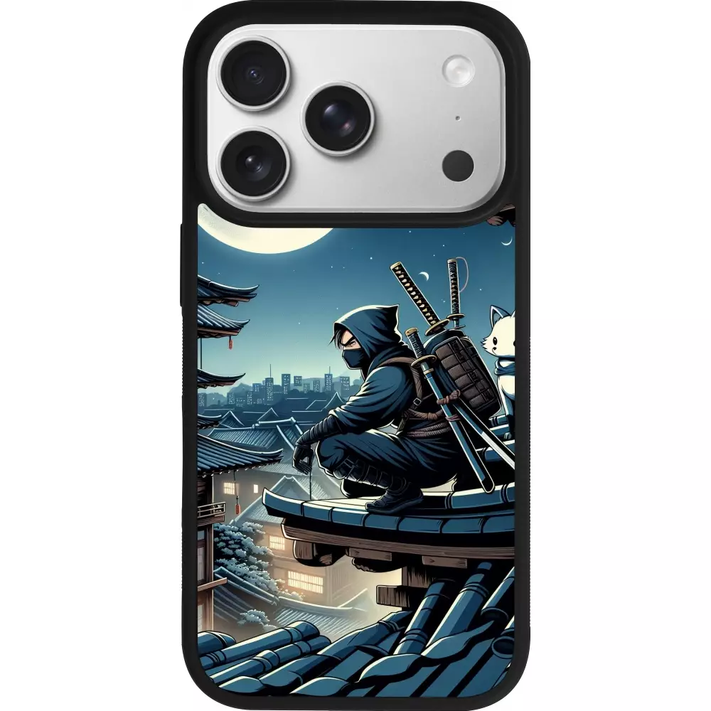 Coque iPhone 17 Pro - Silicone rigide noir Ninja sous la lune