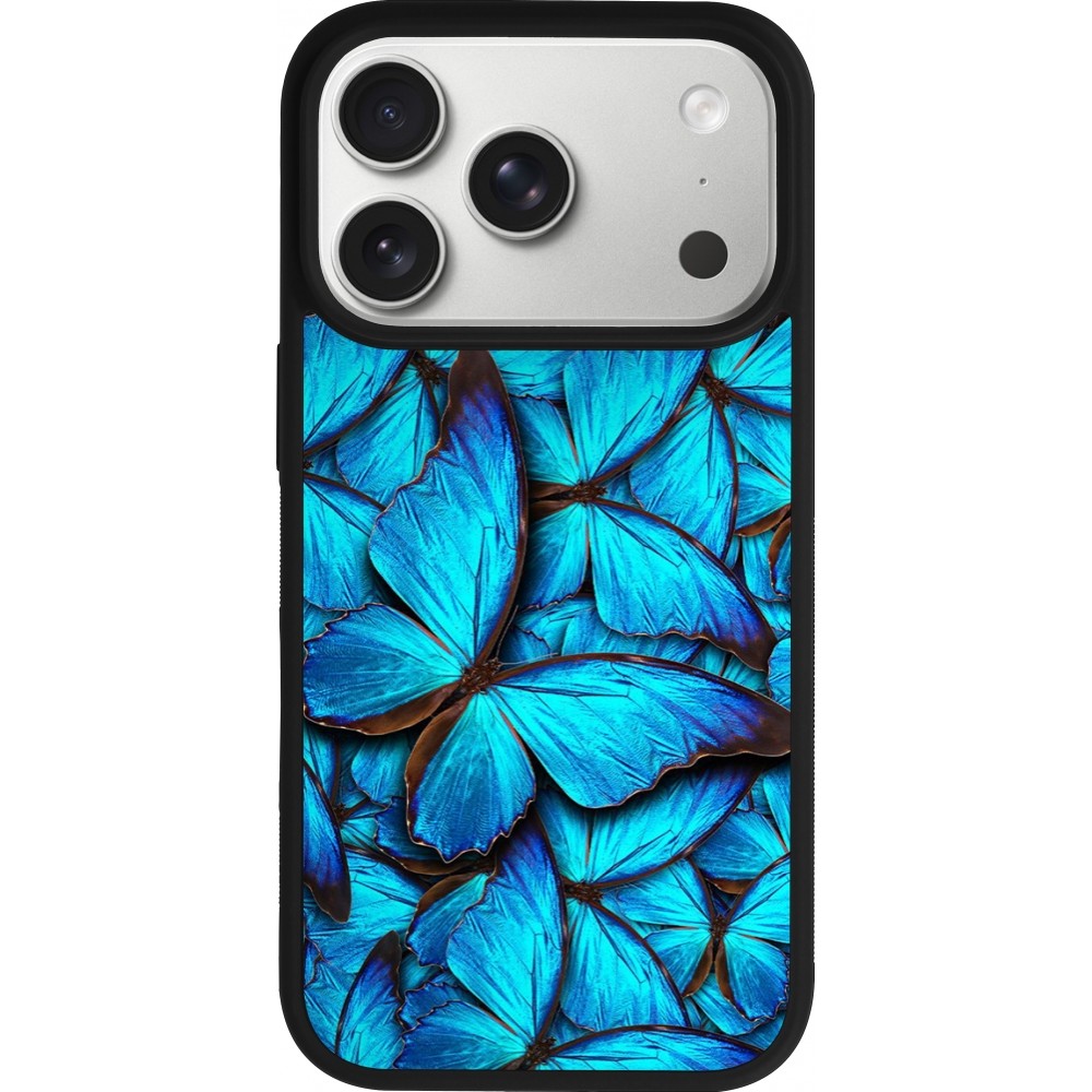 Coque iPhone 17 Pro - Silicone rigide noir Papillon bleu