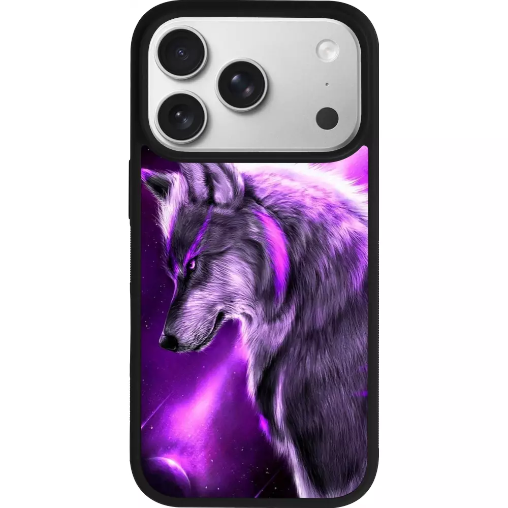 Coque iPhone 17 Pro - Silicone rigide noir Purple Sky Wolf
